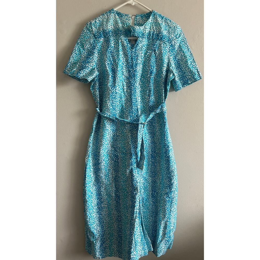 Vintage Carillon NY Blue Polka Dot Dress Belted Midi Mod Retro